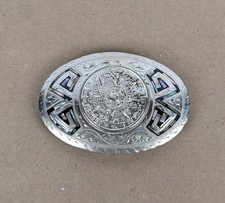 Aztec Mayan Calendar Sun Dial Abalone Shell Inlay Belt Buckle Alpaca Mexico 3.5"
