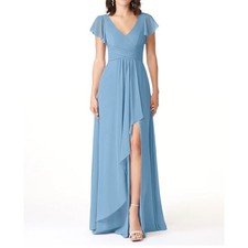 Azazie Omari Chiffon Bridesmaid Dress V-Neck Flutter Sleeve Blue