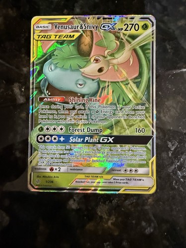 Venusaur & Snivy GX 1/236 Sm-Cosmic Eclipse TAG TEAM Holo Ultra Rare 2019