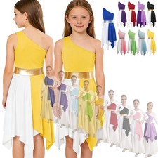 Girls One Shoulder Praise Dance Dress Tunic Color Block Ballet Lyrical Dress