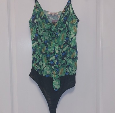 Jealous Tomato Green Multi Floral Spaghetti Strap Bodysuit Sz Large