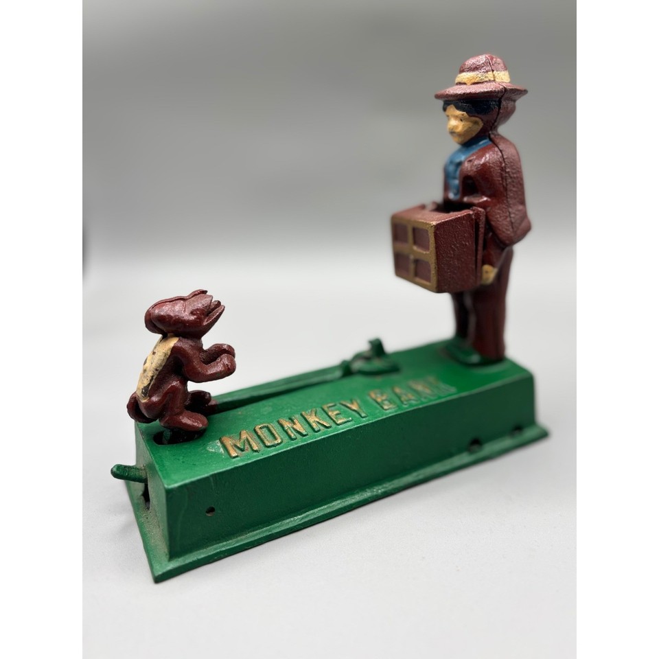 Vintage Cast Iron Monkey Bank Automaton Mechanical Coin Bank Toy