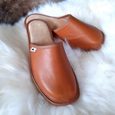 Handgefertigte Herren Leder Pantolette Hausschuhe Echtleder Cognac Lederdecksohle 7-12