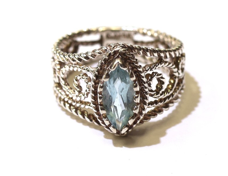925 sterling silver Marquise blue topaz 10x5 gemstone fashion ring 3.5g estate
