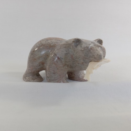 Eddie Lee Alaskan Soapstone Bear Sculpture SIGNED with Fish Carving Beige Gray