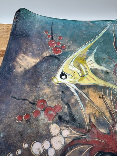 Vintage Mid Century Enamel On Copper Angel Fish Trinket Dish Artist Signed MCM - Picture 2 of 11