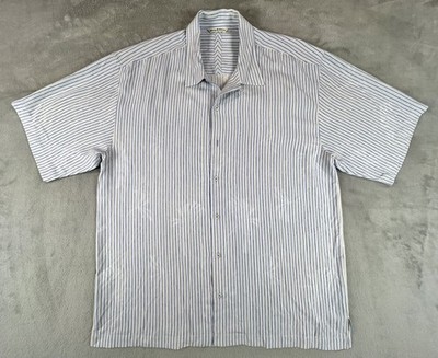 Tommy Bahama Shirt Mens XL Blue White Silk Striped Loop Collar Button Up