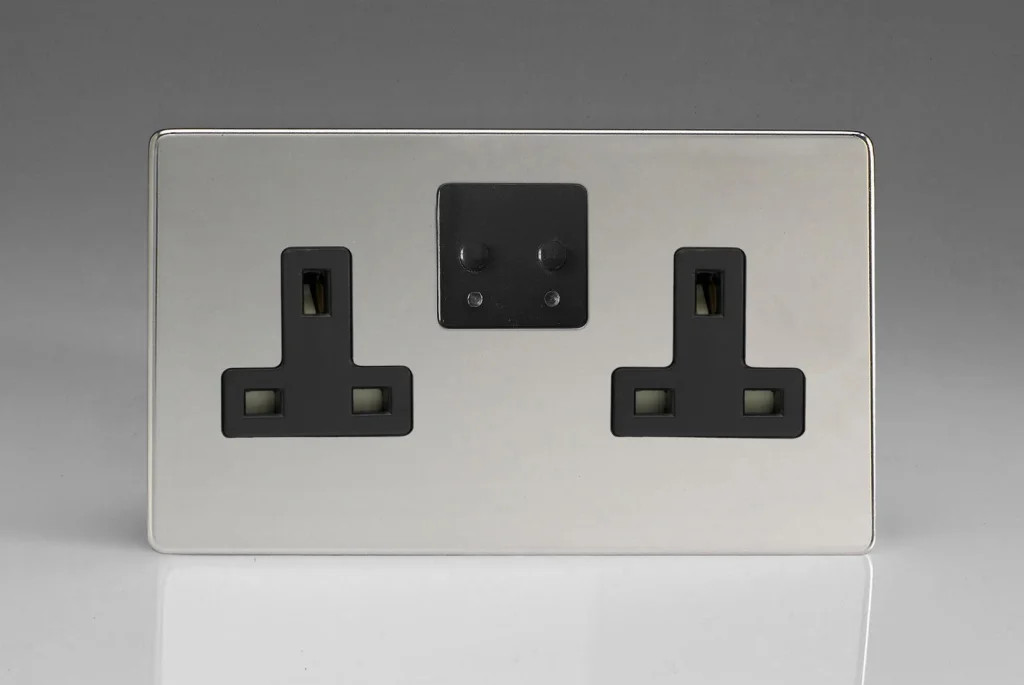13A Socket Silver Smart Sockets 2-Gang 1 Pole Screwless Polished Chrome + Black