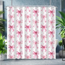 Pink Bow Shower Curtain Set Modern Bathroom Cute Aesthetic Waterproof Cloth B...