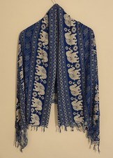 Elephant Pattern Scarf Blue & White Bohemian Ethnic Wrap Shawl Fringed Tassel