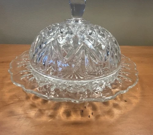 Anchor Hocking Prescut Pineapple Clear  Round Covered Butter Dish 7x4” Vintage