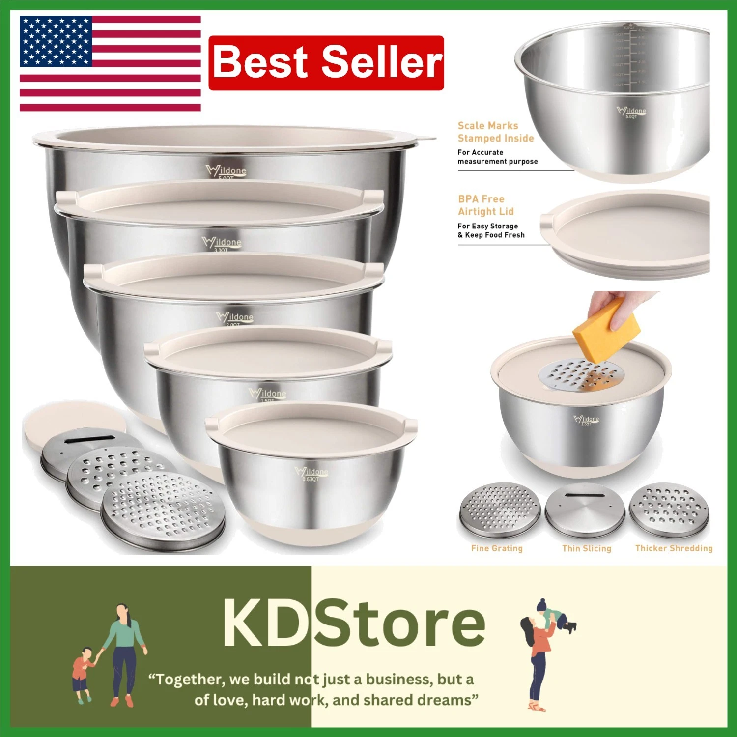 5Pcs Stainless Steel Mixing Bowls Set Airtight Lids Non-Slip Grater Attachments
