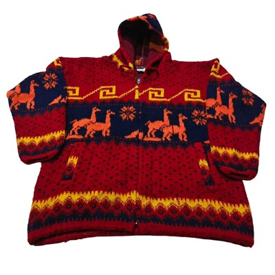 Vintage Andes Artesania Wool Hoodie Graphic Full Zip Ecuador