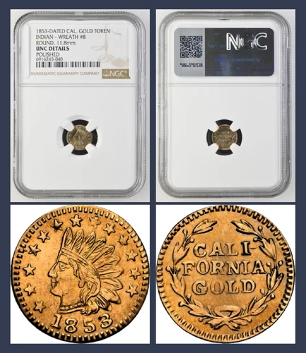1853 1/2 INDIAN HD, CALIFORNIA GOLD, WREATH #8 - NGC UNC DET, HIGH R-5