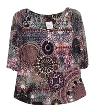 Vango Paris Womens Pullover 3/4 Sleeves Multi Colored Henley Top Blouse Sz 2 NWT