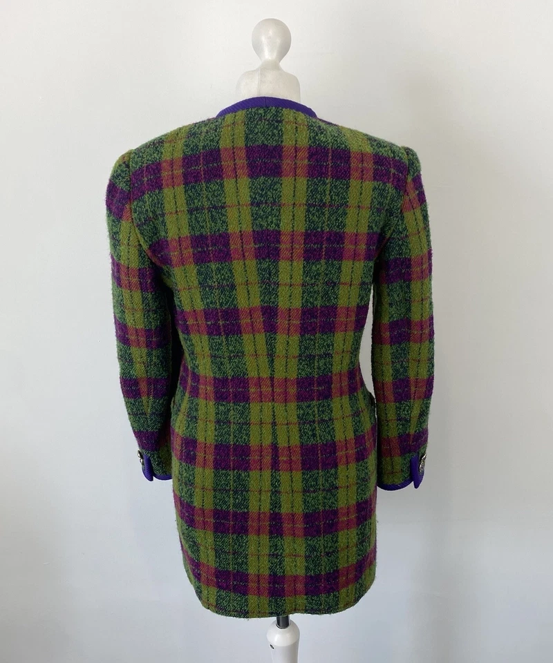 Женская винтажная куртка Gianni Versace Versus зеленая розовая фиолетовая клетчатая размер 42 ЕС - Изображение 3 из 4