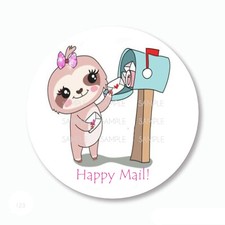 48 CUTE SLOTH HAPPY MAIL ENVELOPE SEALS SCRAPBOOK SLOTH STICKERS 1.2" ROUND
