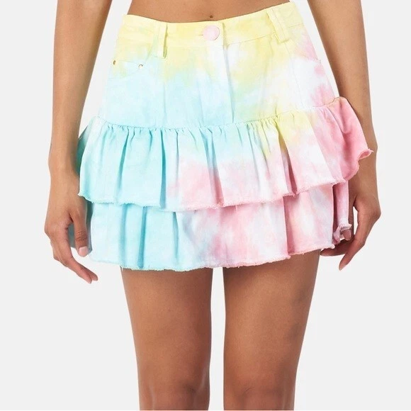 LoveShackFancy Womens Landen Rainbow Radial Tie Dye Tiered Mini Short Skirt XS 2