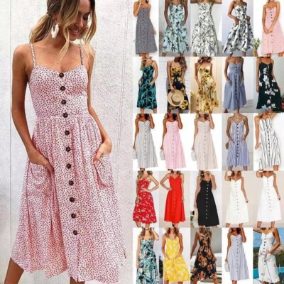Summer Women Boho Holiday Strappy Floral Maxi Beach Sundress Party Long Dress
