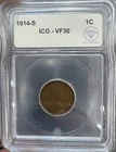 1914 S Small Cents Lincoln, Wheat Ears Reverse ICG VF-30 IDC Verified