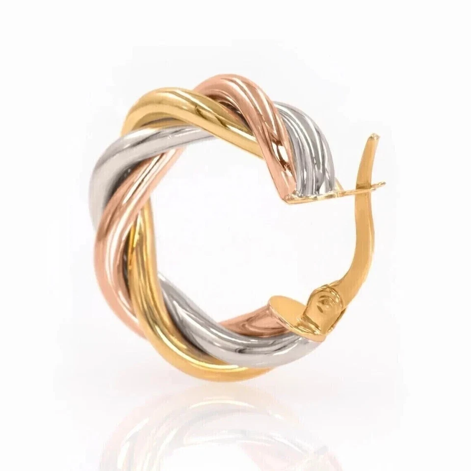 14K Yellow Rose White Gold Plated Silver TRI COLOR Hoop Earrings - Image 3 of 4