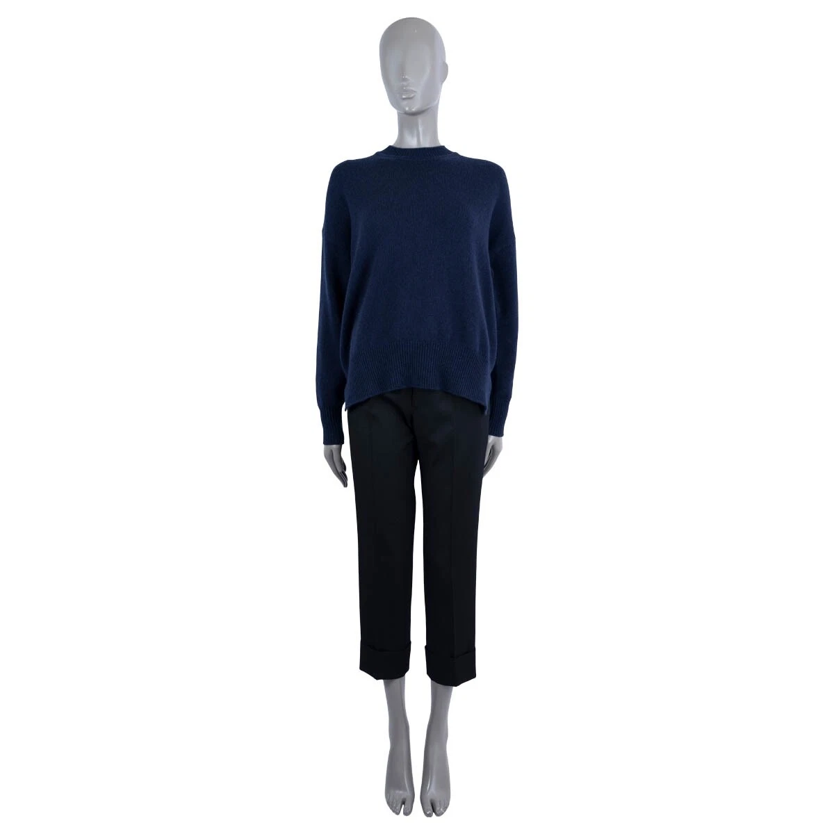 68282 auth JIL SANDER navy blue cashmere SIDE SLIT CREWNECK