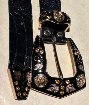 Buffalo Bobs Mens Blk Faux Croc Belt/gold Blk Enamel+