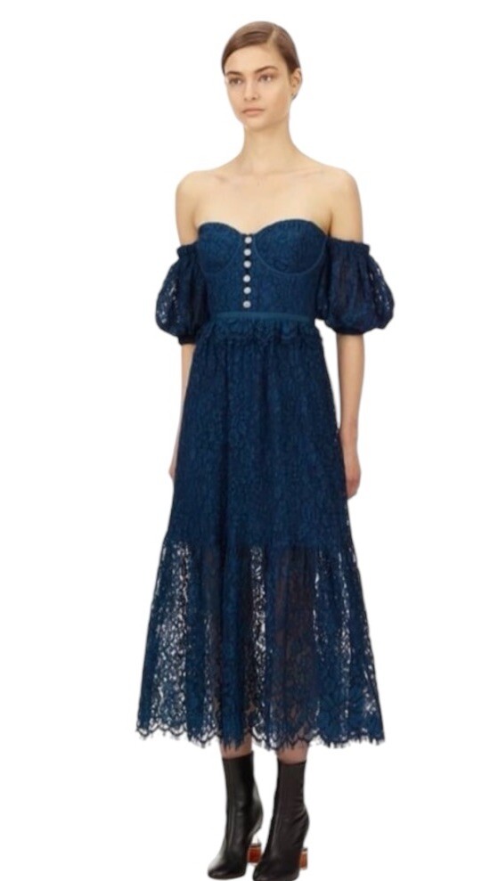 Self Portrait Petrol Fine Corded Lace Midi Dress Blue Black US 8 - No Straps