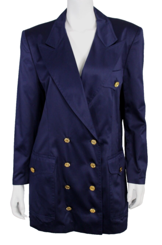 ESCADA Vintage Indigo Blue Sateen Logo Button Double-Breasted Blazer Jacket 42 - Picture 1 of 8