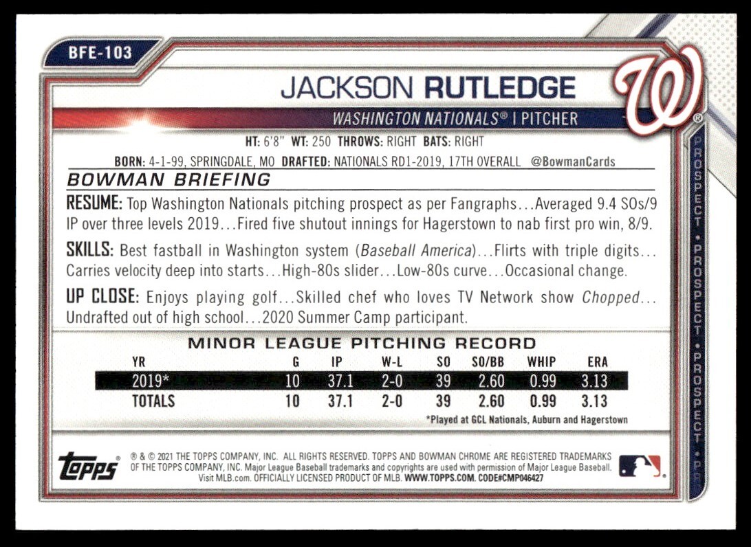 Josh Rutledge Rookie Card Jackson Rutledge 2021 Bowman First 1st Edition Rookie Yellow Foil Card ...