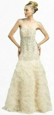 Sue Wong Champagne Scalloped Pleated Organza Tiers Strapless Sequin Gown 4