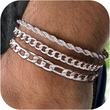 3Pcs Chain Bracelets for Men, 316L Stainless Steel Figaro Rope Cuban Link Bracel