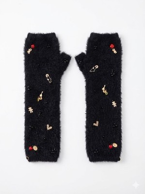 ADIBA Black Fingerless Fuzzy Arm Éternal Amour Bear Love Charm Handmade Gloves