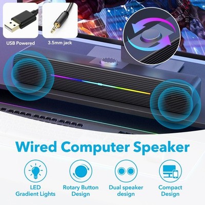 LED Wired USB Computer Lautsprecher Stereo Sound Bar für PC Laptop Schwarz