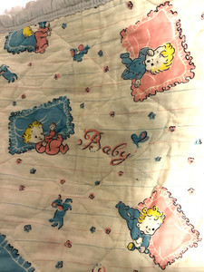Vintage Quilt W Babies Blankets White Pink Blue Baby 43x34”