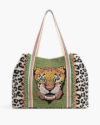 America & Beyond Forestry Leopard Embellished Beaded Tote Bag NWT