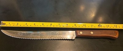 Vintage Flint Stainless Vanadium Serrated Knife 8-1/2  Blade Wood Handle USA