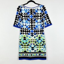 Eliza J Green Blue Triangle Print 3/4 Sleeve Sheath Stretch Dress Women's 4 NEW