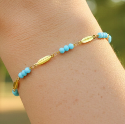 Turquoise Beaded Bracelet for Women Minimalist Adjustable Brass 18K Gold Plated