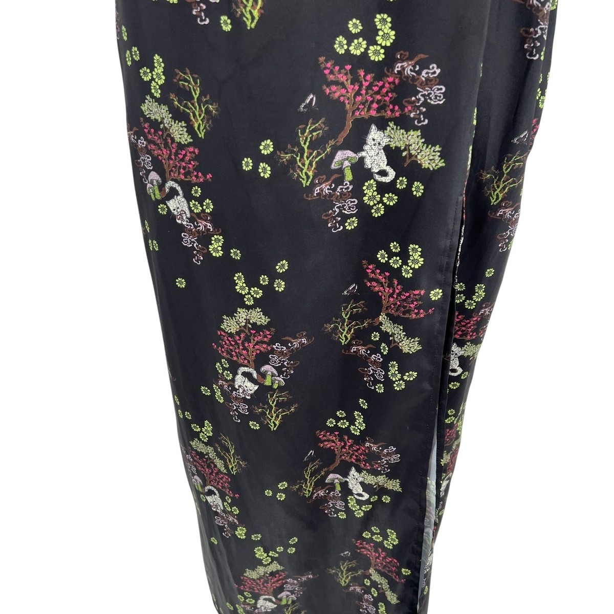 Urban Outfitters Mikayla Floral Midi Dress Cat Print Satin Black Size Small View 6