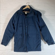 VTG Woolrich Coat Mens M Blue Barn Field Tartan Plaid Blanket Lined stains 