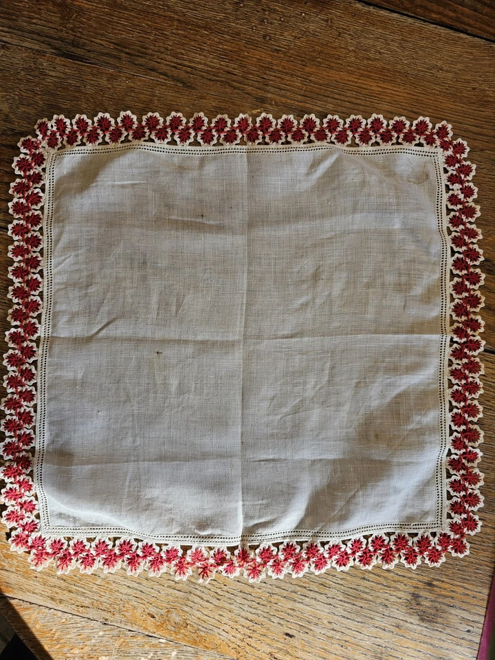 Vintage Linen Handkerchief W Hand-crocheted Border In Red And White, ~13"×13" - Image 2 of 4