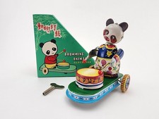 Clockwork Panda Bear w/ Box & Key • Vintage Tin Wind Up Toy Drumming Animal