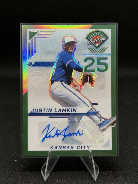 Justin Lamkin 2025 Panini Prospect Edition Green Prizm AUTO RC #37 KC Royals