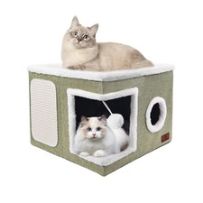 Large Cat Cave Bed, Green, Indoor Cats, Scratch Pad, Fluffy Ball, Reversible