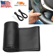 Genuine Leather DIY Car Steering Wheel Cover Anti-slip For 15"/38 cm Black US