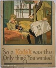 Rare Eastman Kodak Camera Antique Advertisement Christmas Gift Lithograph, RARE 