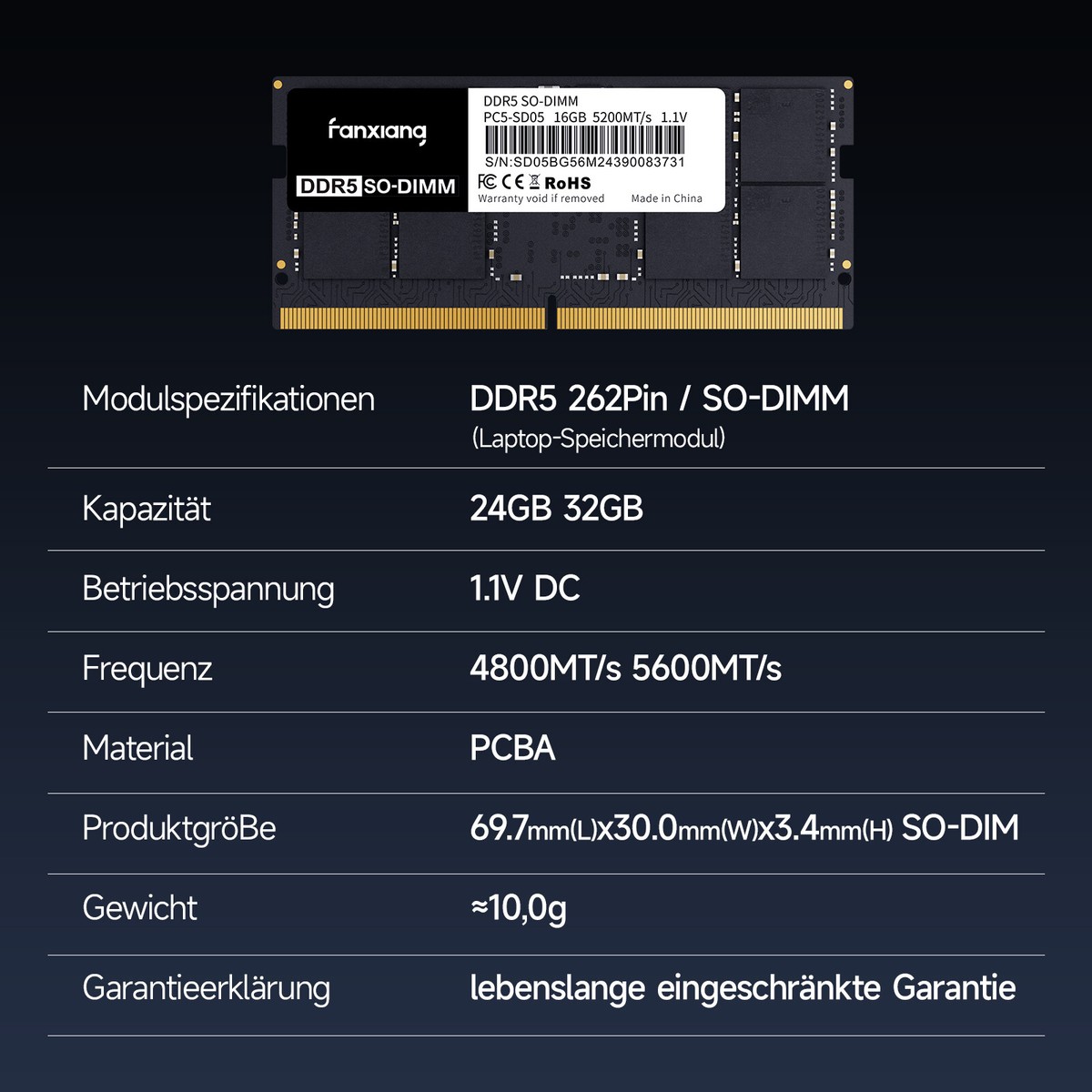 メモリー fanxiang PC5-SD05 DDR-5600 48GB SODIMM fanxiang SODIMM DDR5 4800MHz RAM 64GB Kit (2 x 32GB),CL40