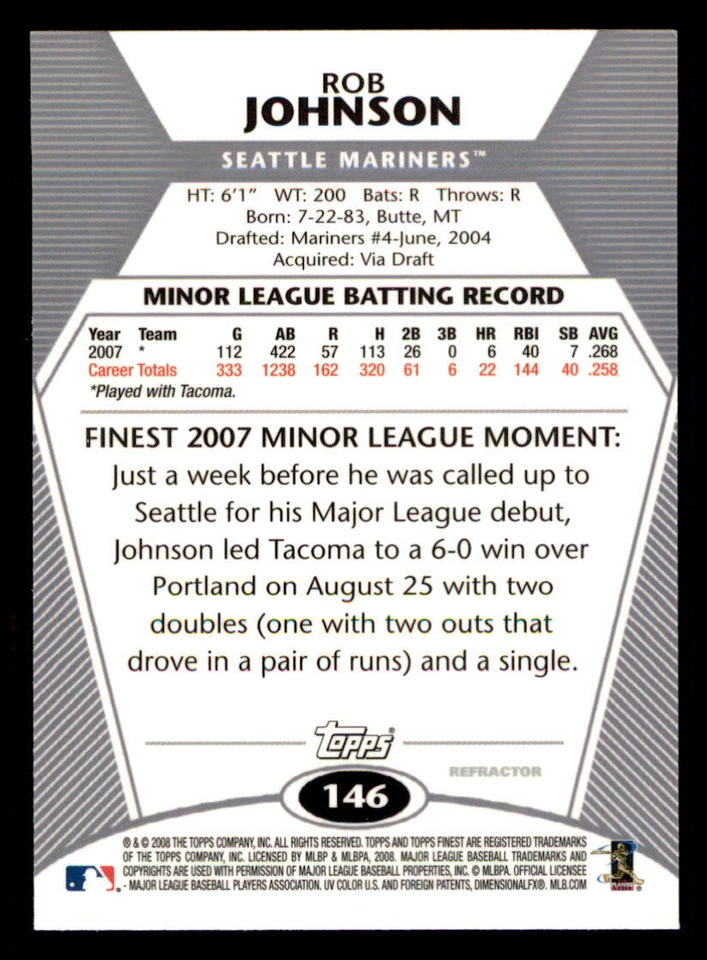 2008 Finest Refractors #146 Rob Johnson - Image 2 of 2