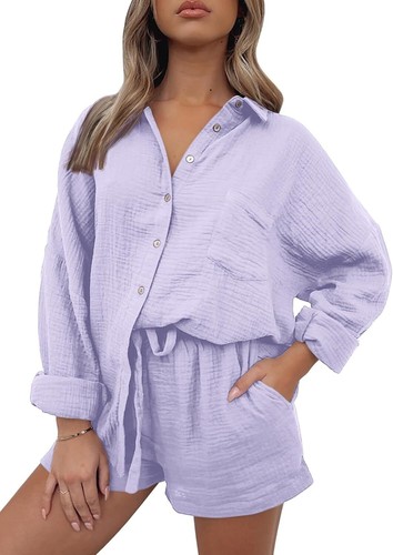 2 Piece Lounge Wear Set for Women – Oversized Shirt & Shorts Pajama Outfit 2025 - Picture 14 of 150